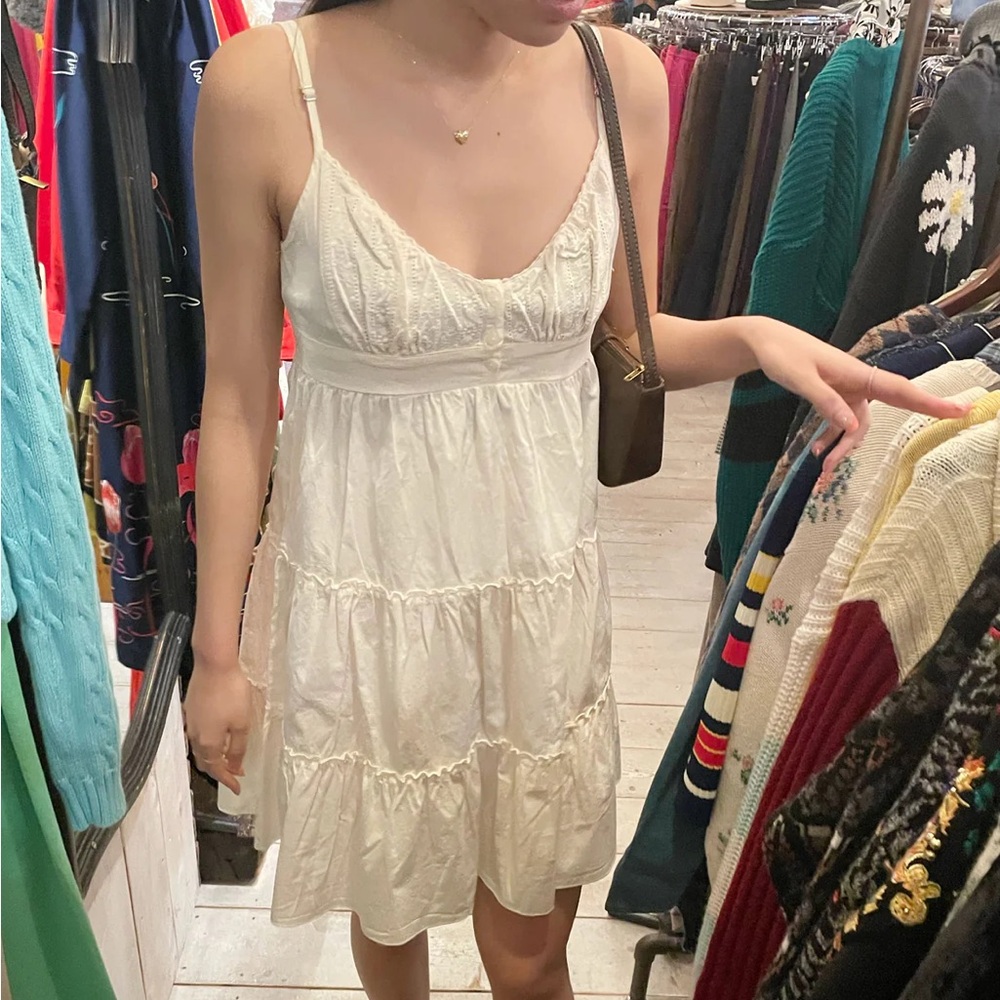 Brandy Melville Arianna Tiered Dress with Floral Embroidery in Cream